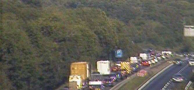 Traffic is building on the A14 eastbound at junction 44, near Bury St Edmunds, after a crash. Picture: National Highways