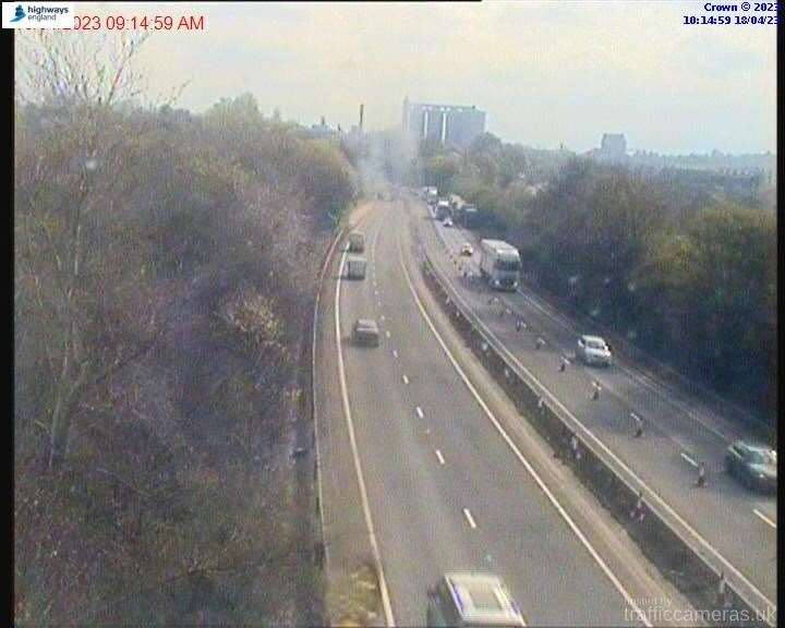 The scene at the A14 after a lorry collided with the central reservation. Picture: National Highways
